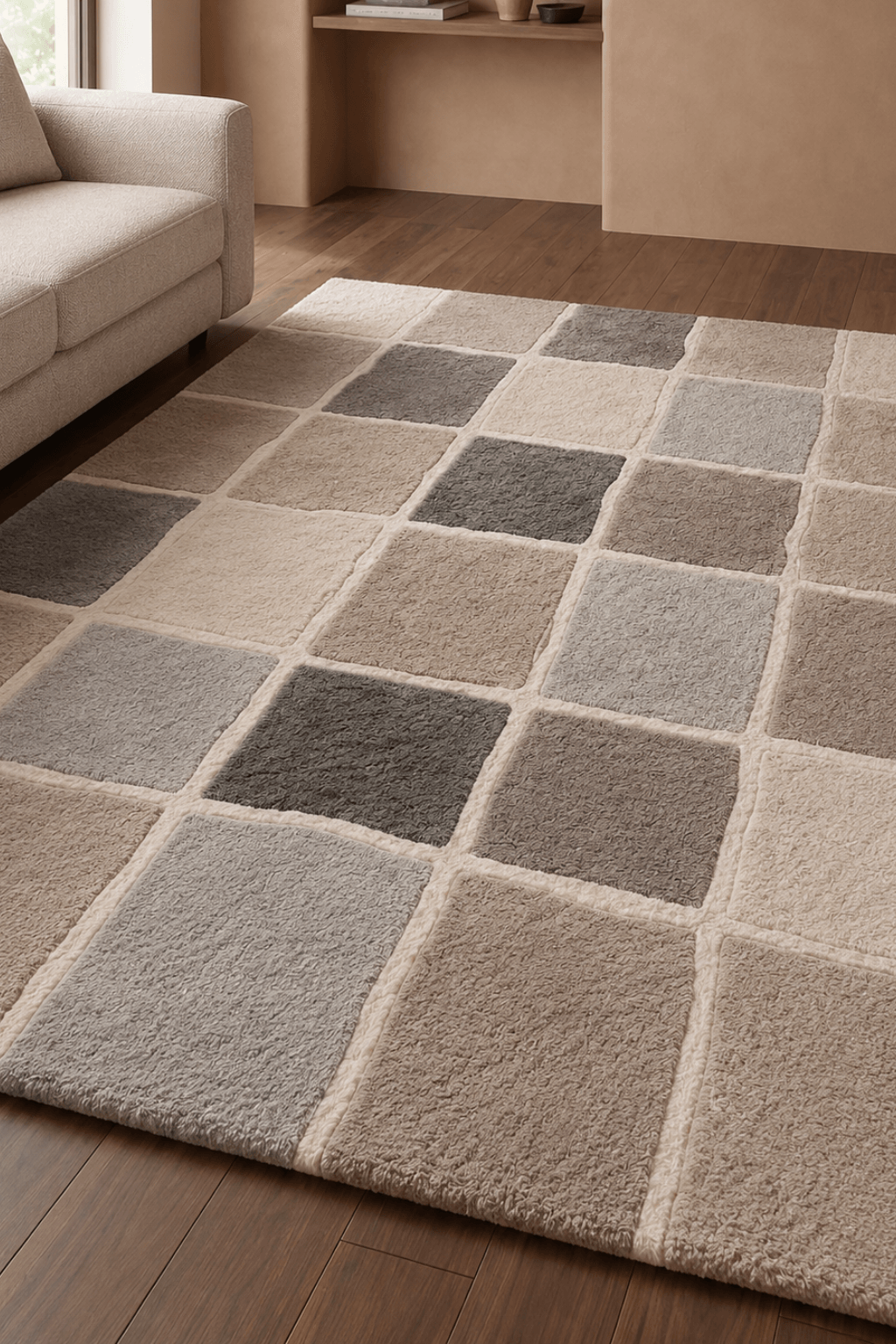 modern monochrome mosaic rug featuring geometric patterns and soft artisan textures in shades of ivory and grey.