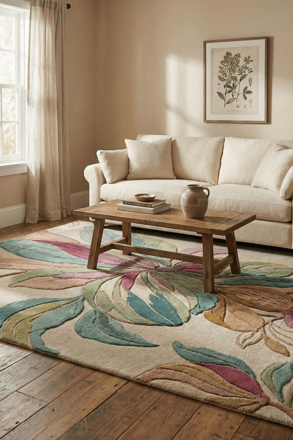 Botanical floral hand-tufted rug in a cozy living room setting with a sofa and wooden coffee table.