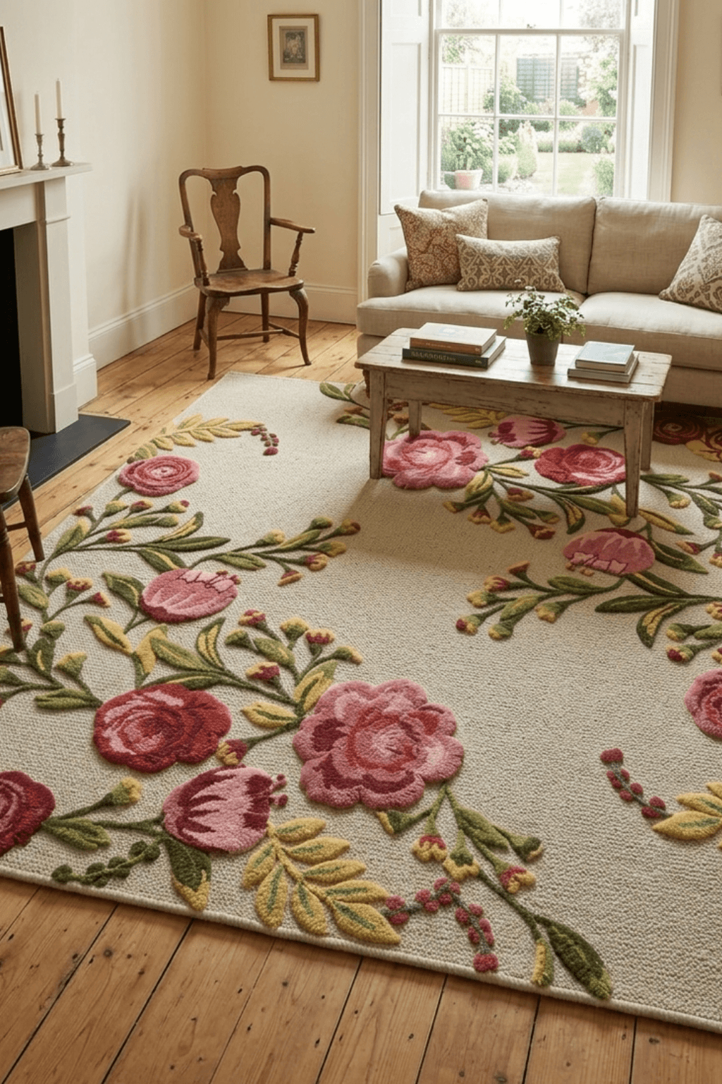 Floral hand-tufted rug displayed in a cozy living room, featuring vibrant pink floral motifs on a neutral background.