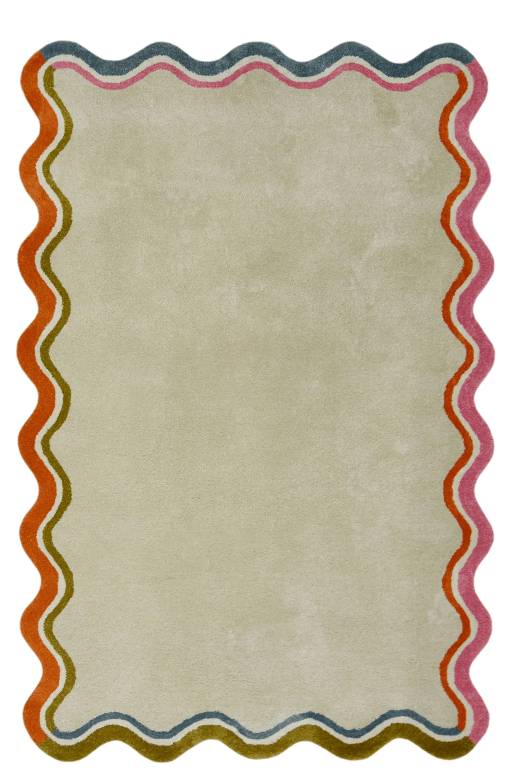 Scallop edge area rug in soft ivory with multicolor scalloped edges featuring earthy olive, warm rust, soft pink, and muted blue.