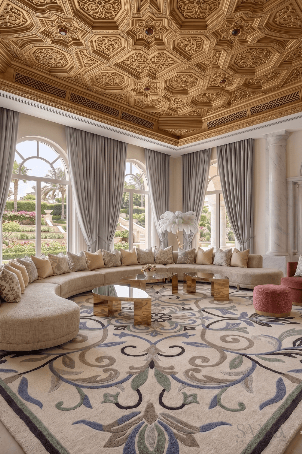 Stunning arabesque area rug in an elegant living room with intricate floral design and luxurious decor.