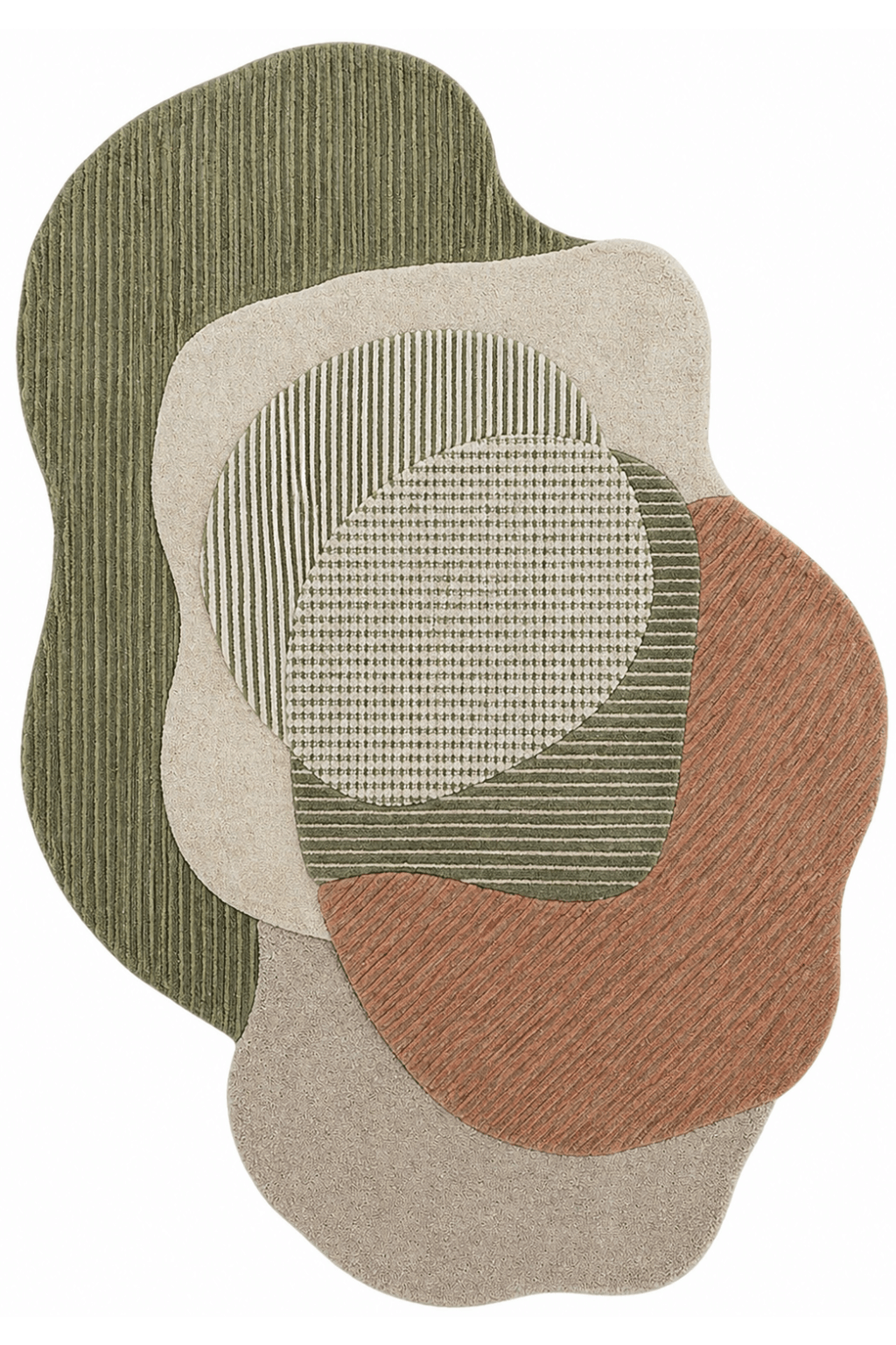 Terra Layers sculpted abstract rug showcasing earthy greens, warm terracotta, and soft beige tones in an artistic design.