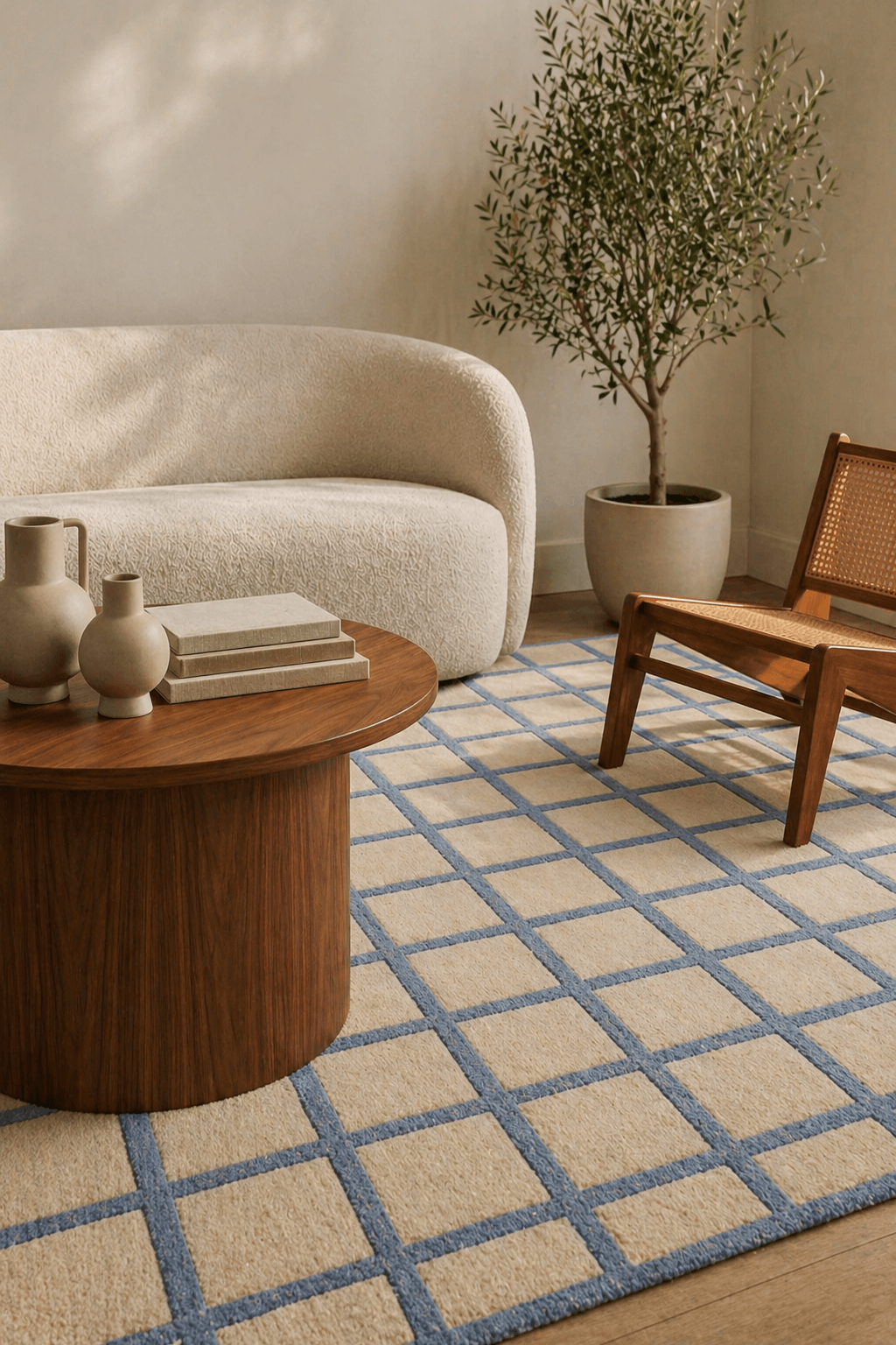 Modern geometric wool rug styled under a round wooden table and beside a cozy sofa in a contemporary living space.