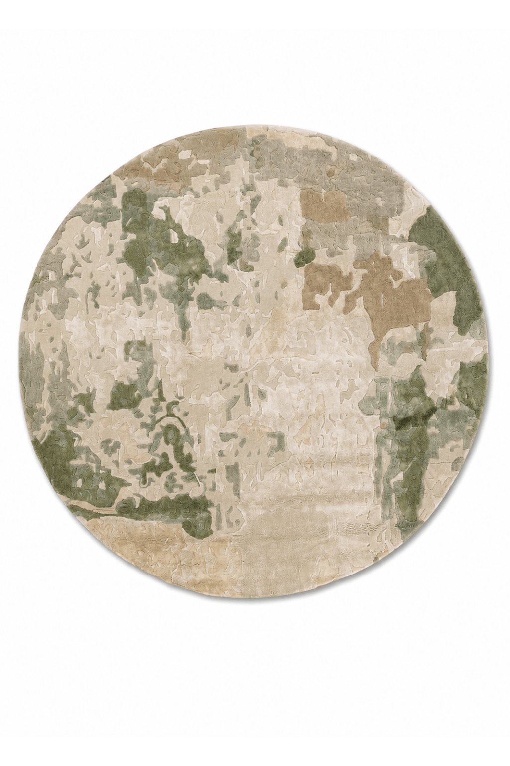 Abstract hand-tufted rug in earthy tones and muted olive greens, perfect for contemporary interior design.