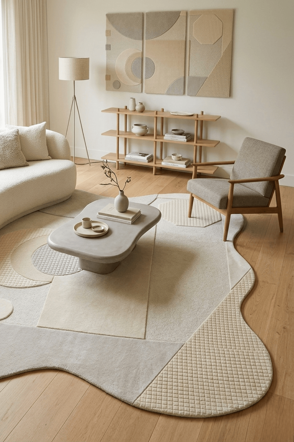 Luna abstract hand-tufted rug displayed in a modern living room with minimalist decor.