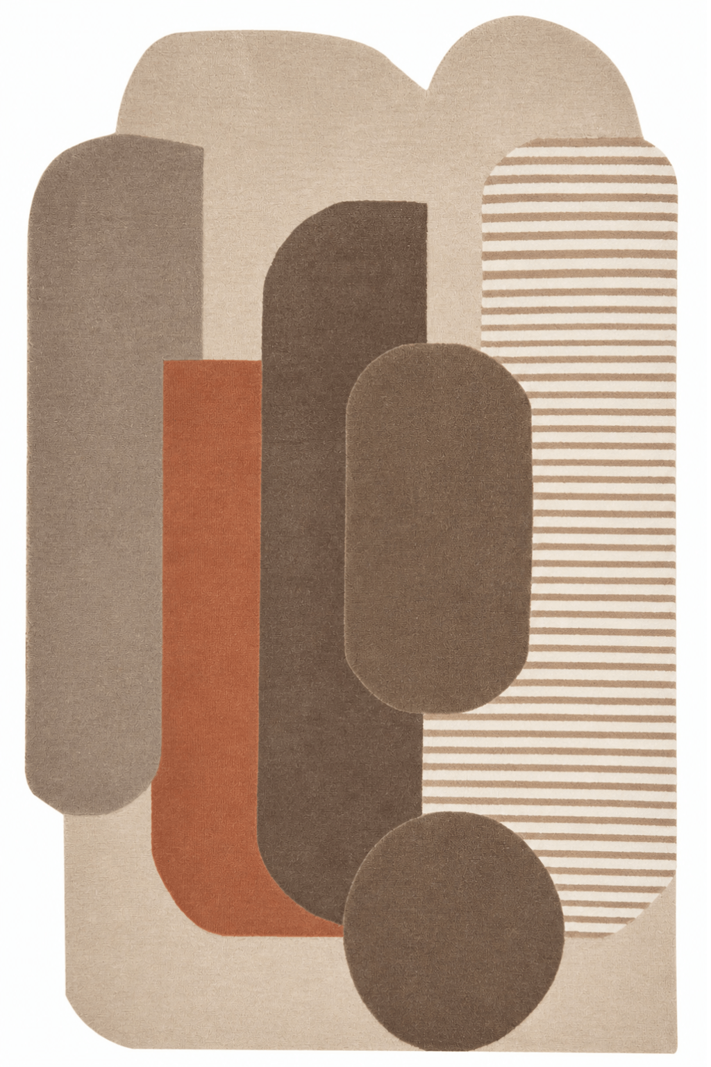 Terra Arch Sculpted Abstract Rug featuring layered arch-like shapes in taupe, mocha, muted terracotta, and ivory. Sculpted abstract rug.