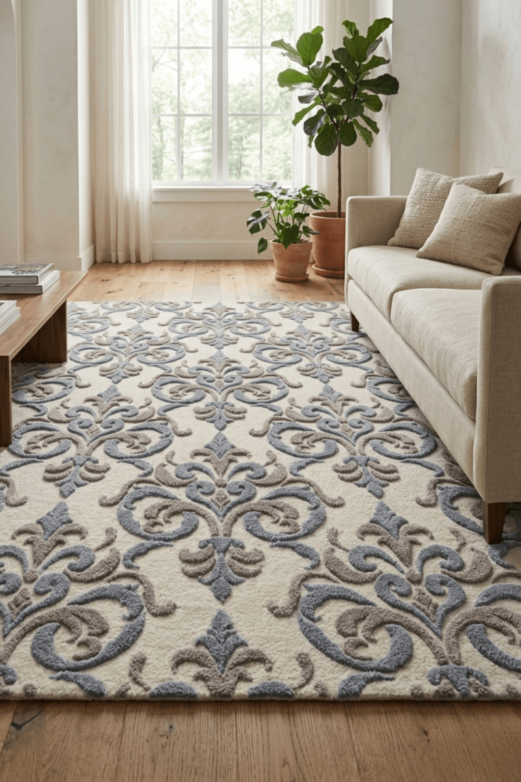 Fleur-de-Lis sculpted medallion rug featuring cream base with blue and taupe accents in a stylish living room setting.