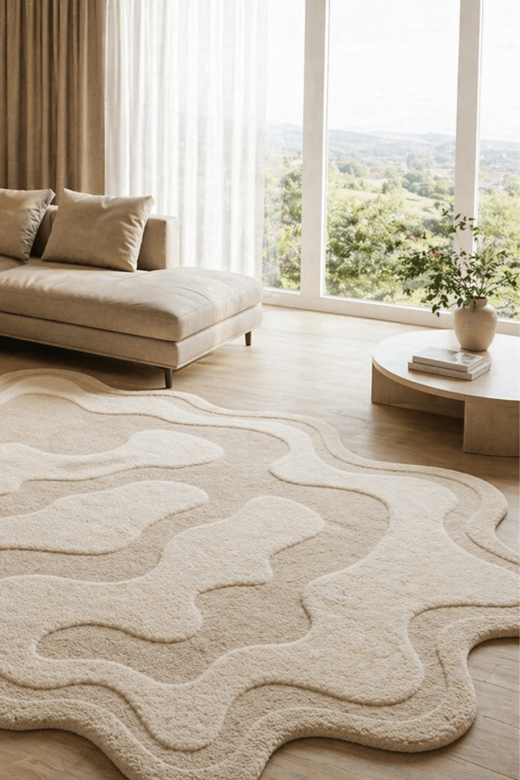 Desert Contour Luxe Rug elegantly displayed in a serene living room setting with neutral tones.