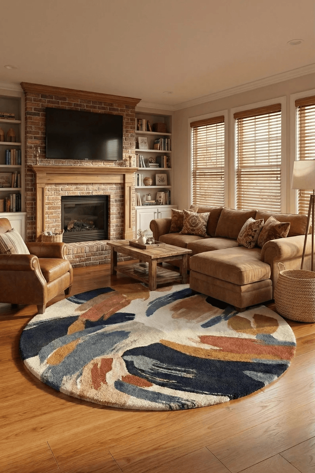 Artistic round area rug in a cozy living room featuring a fireplace and stylish furniture.