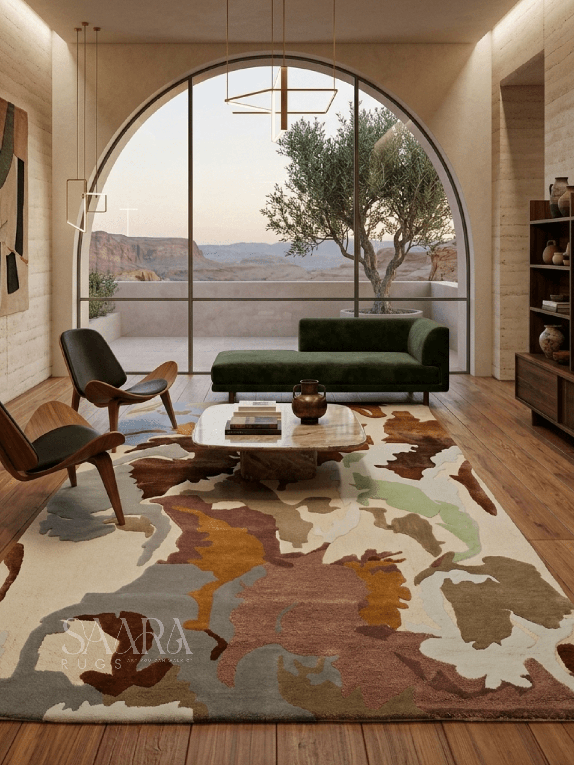 Desert abstract wool rug in a modern living room with earth tones and large window views, showcasing desert landscapes.