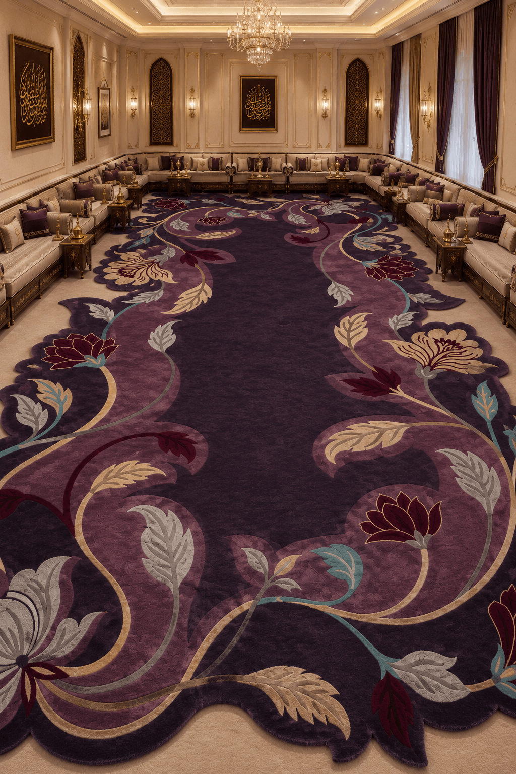 Luxurious floral majlis rug displayed in an elegant interior setting with flowing floral designs.