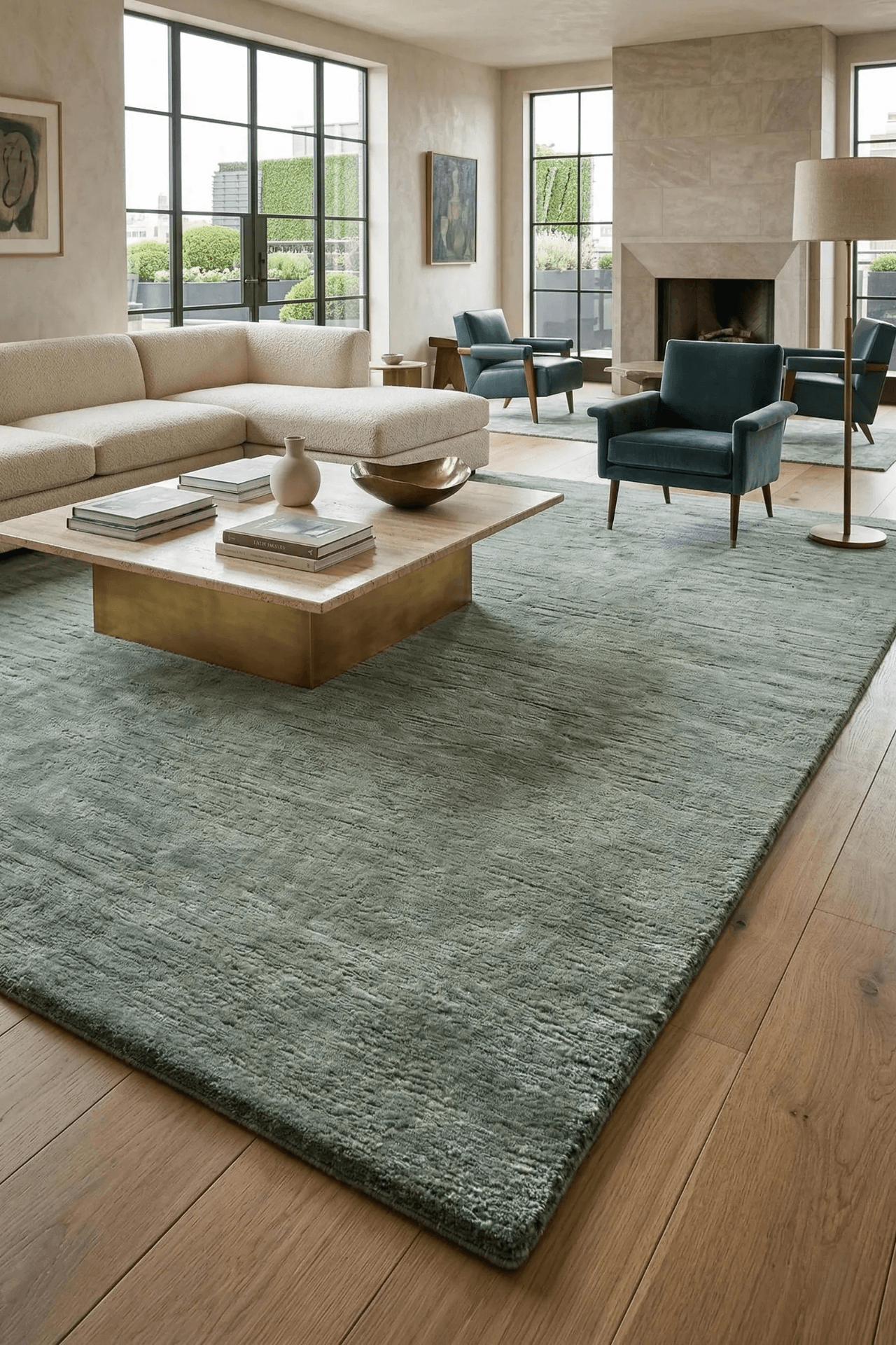 Serene Sage Solid Rug enhancing a modern living room decor with luxurious comfort and soothing tones.