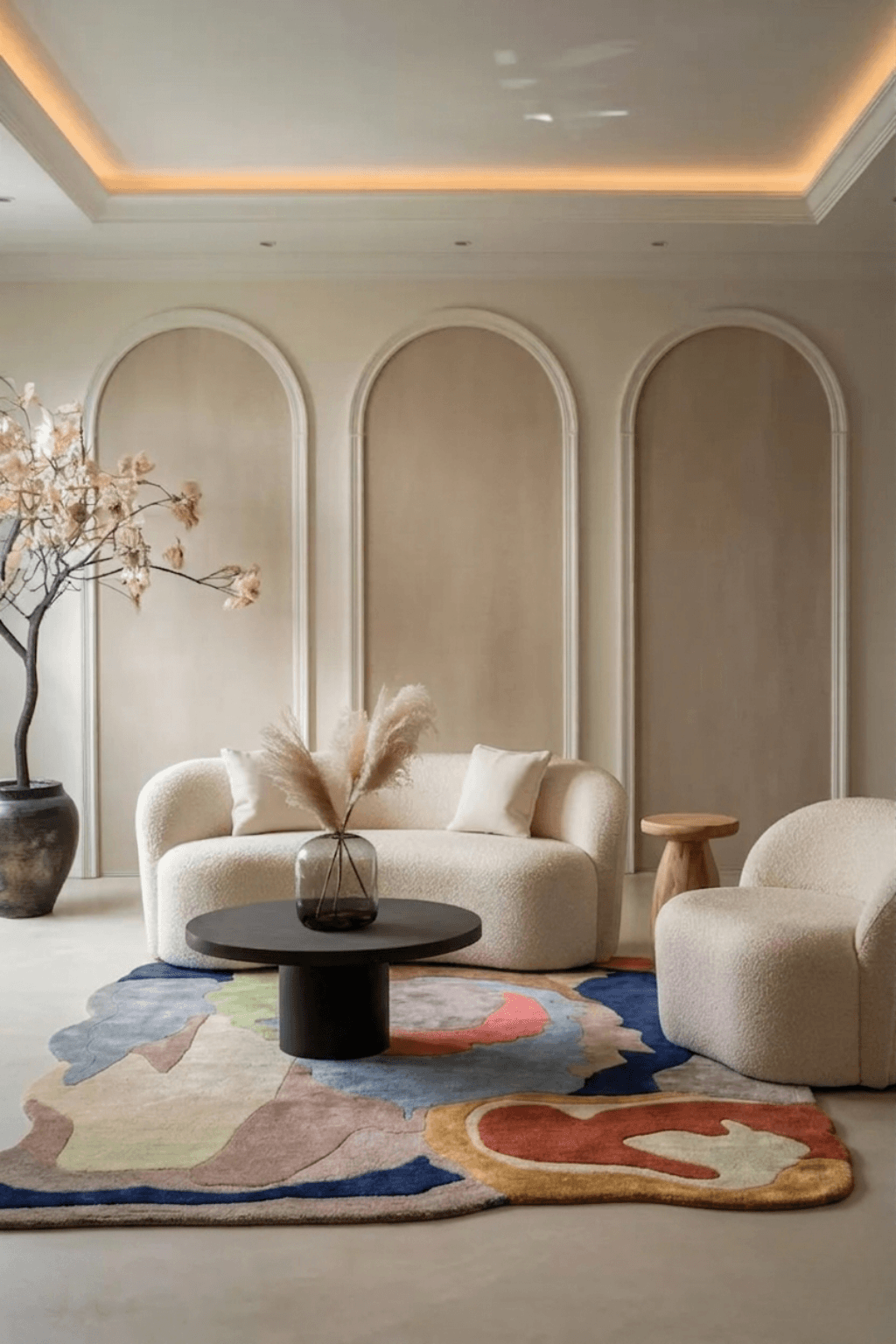 Terra Flow Abstract Hand-Tufted Rug displayed in a modern living room with light tones and elegant decor.