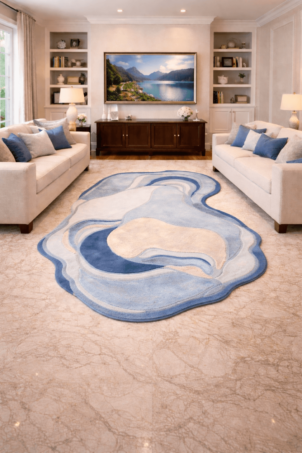 Azure Agate Contour Rug displayed in a stylish living room with light sofas and decorative pillows.