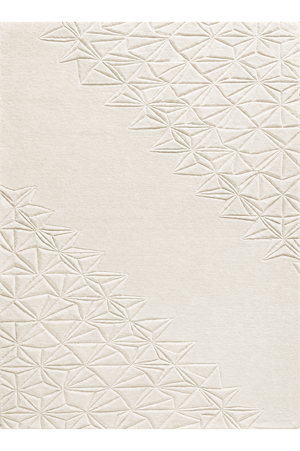 Ivory geometric wool rug with intricate faceted designs and high-low pile texture for modern home decor.