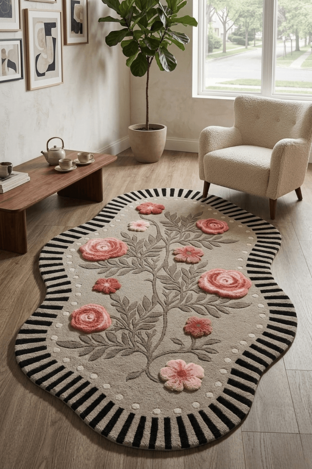 A botanical irregular sculptural rug with floral design and striped border, transforming the living space.