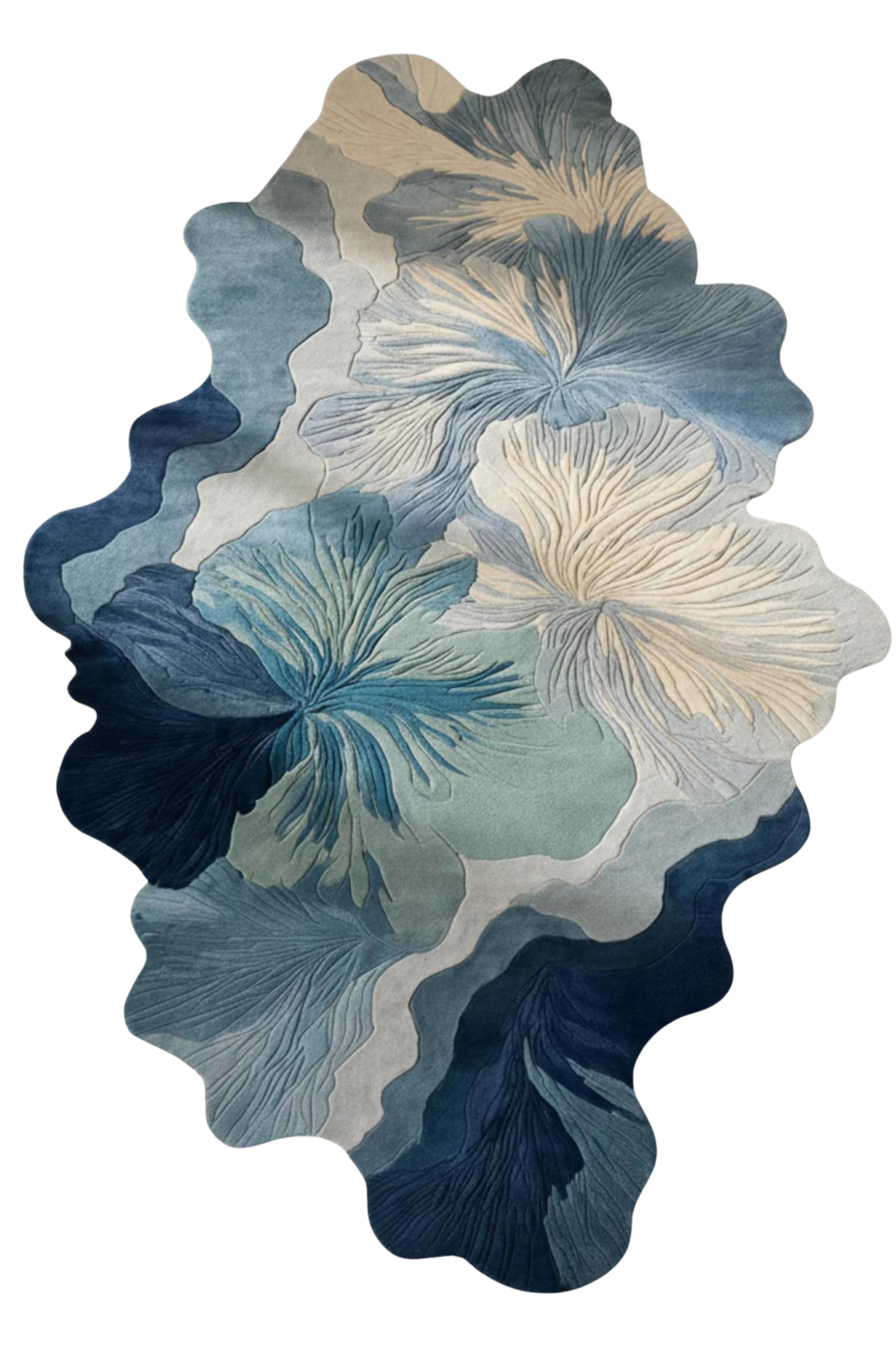 Ivora lines hand-tufted rug in a floral design with blue and ivory shades, enhancing modern interiors.