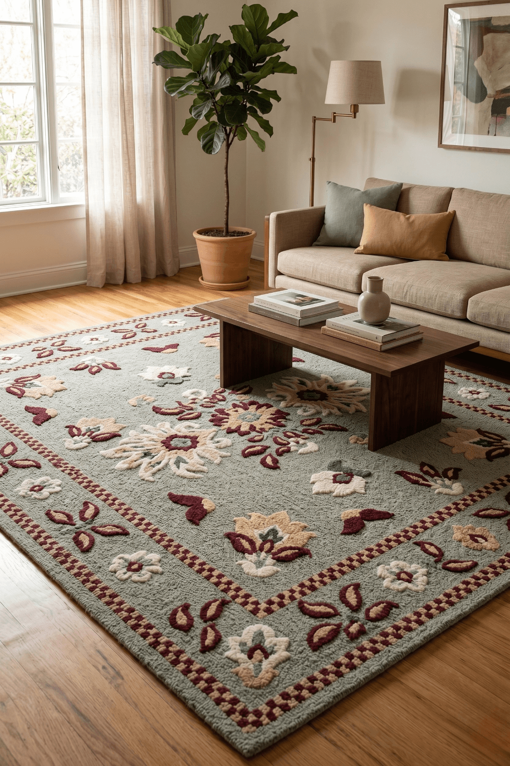 Grand Medallion Heritage Rug displayed in a stylish living room with floral motifs and muted colors.