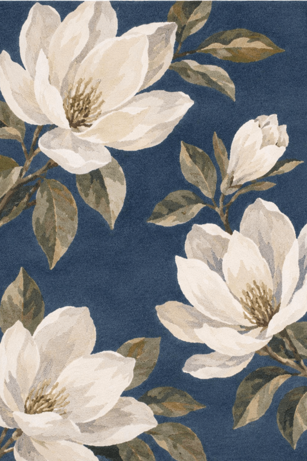 magnolia bloom hand-tufted rug featuring oversized white magnolia flowers against a dark blue background.