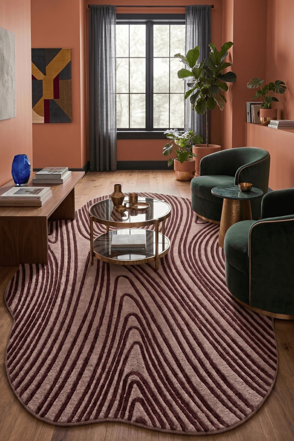 Irregular area rug in a modern living room, featuring a unique amoeba shape with burgundy linework on a neutral base.