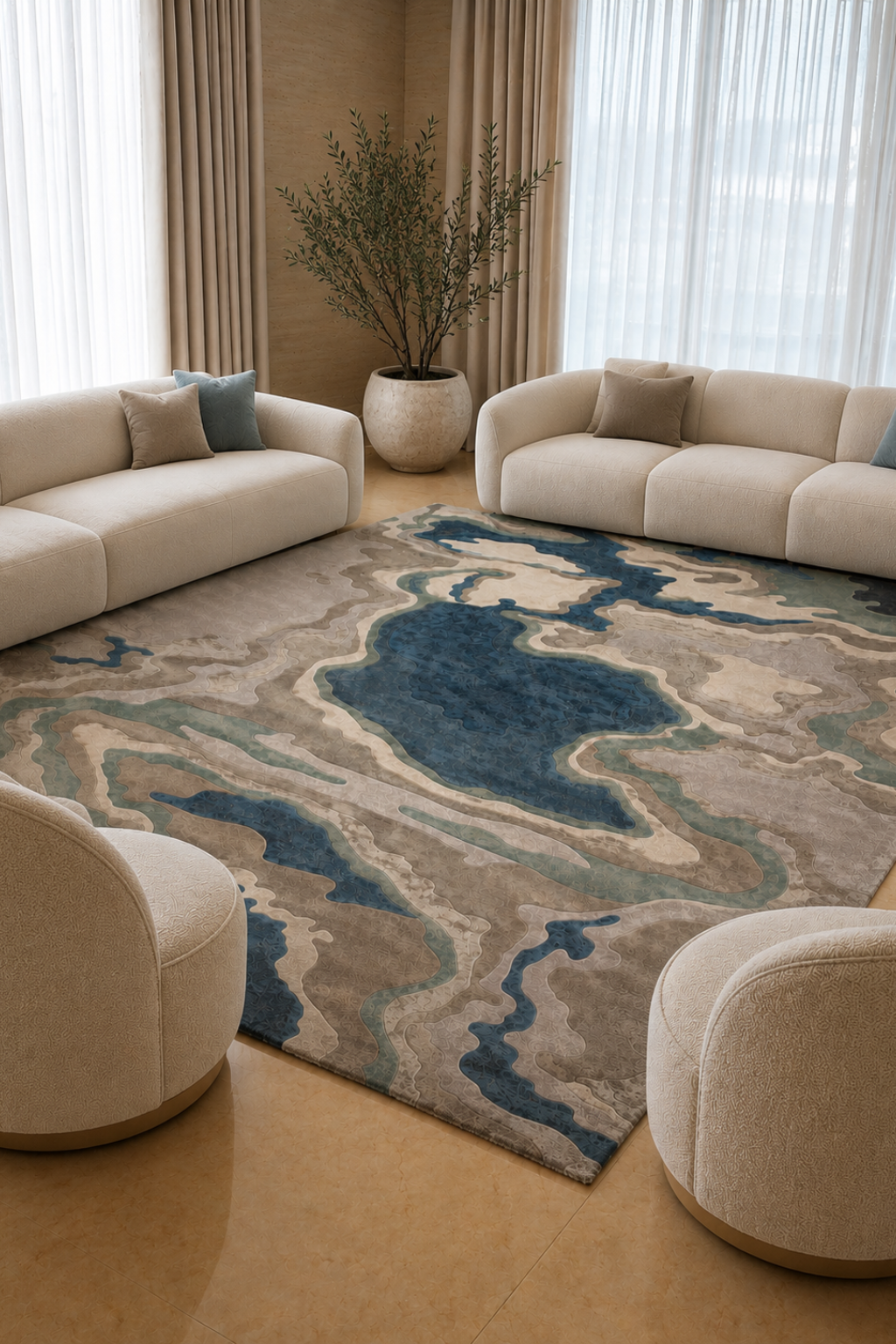 Coastal Strata Rug showcased in a modern living room, featuring abstract design with blue, taupe, and stone hues, coastal strata hand-tufted rug.