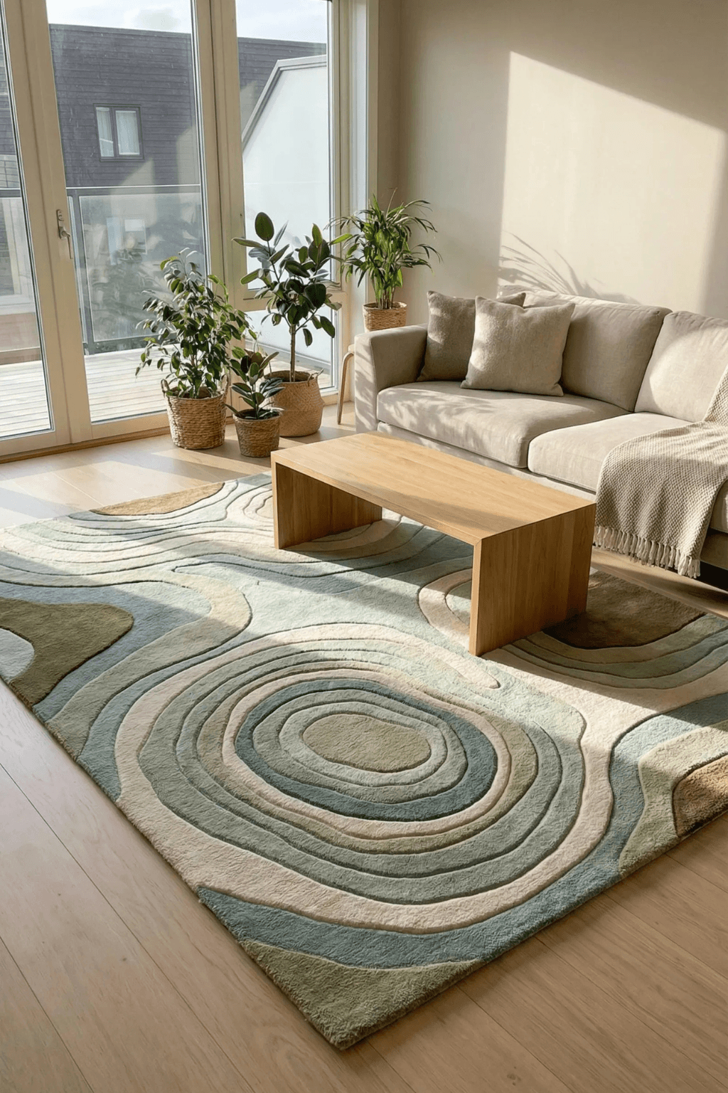 Nature-inspired contour rug with fluid organic shapes in soft tones beneath a wooden coffee table and plants.