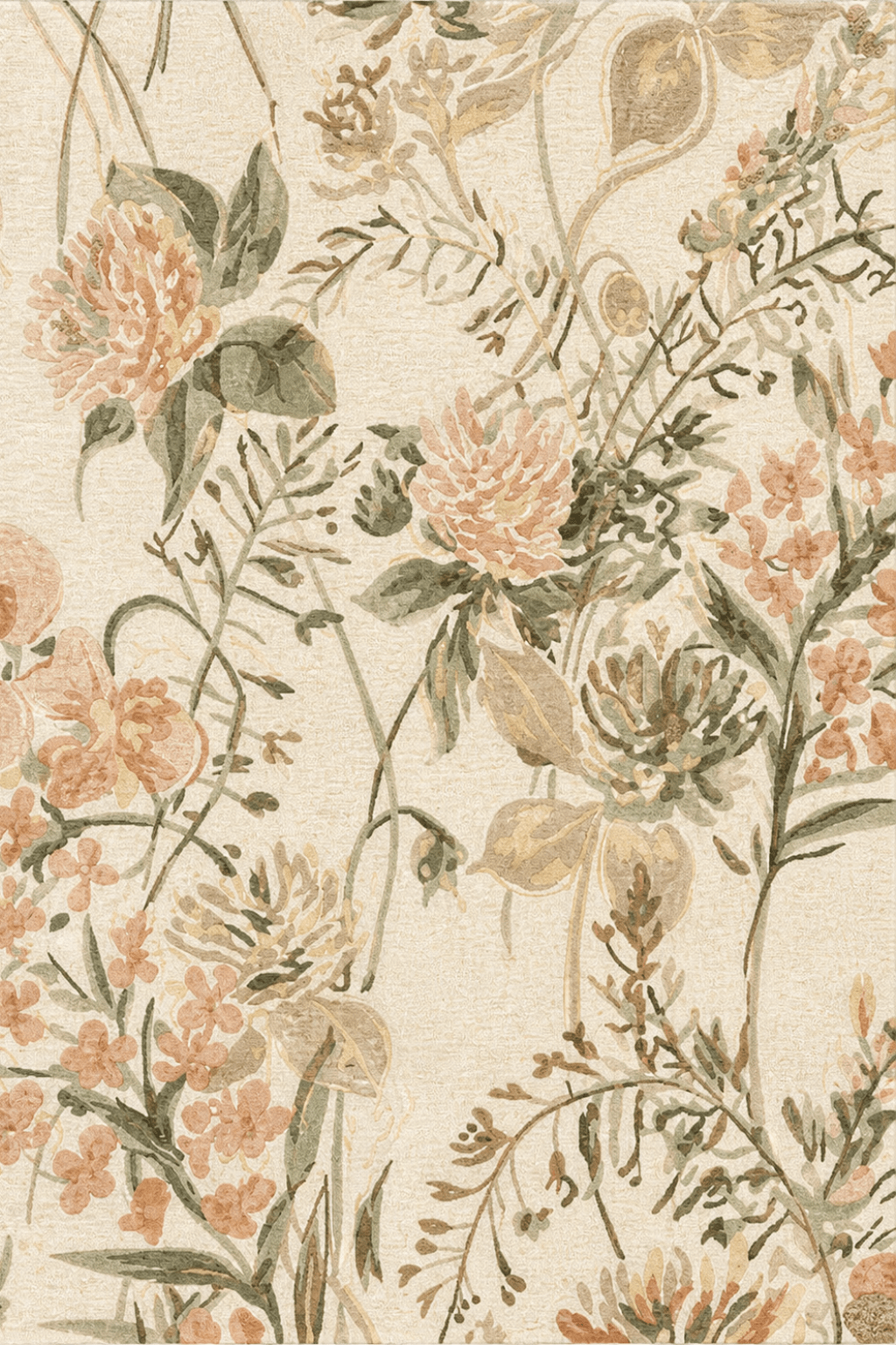 Blossom Meadow Soft Neutral Luxe Rug, a neutral luxe floral rug with delicate botanical motifs on a warm ivory background.