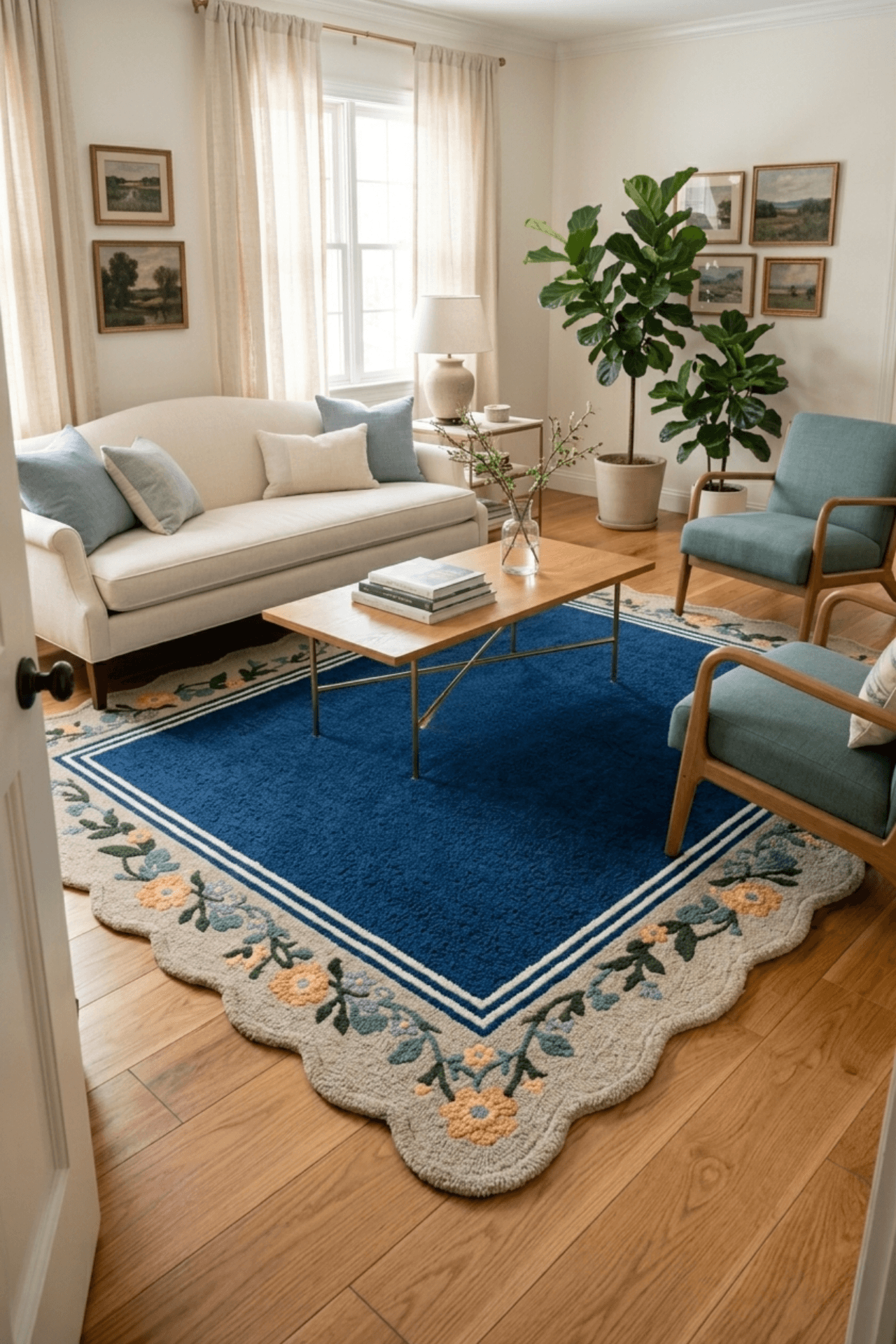 Midnight botanical wool rug placed in a cozy living room with light decor and natural elements.