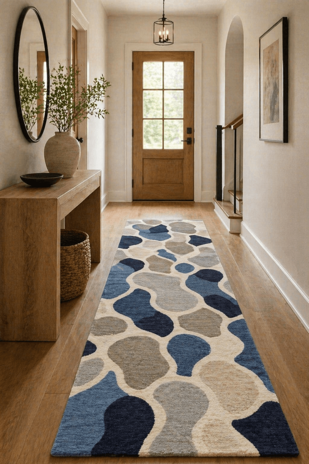 Azure Hive geometric abstract hand tufted rug displayed in a modern hallway with wooden accents.