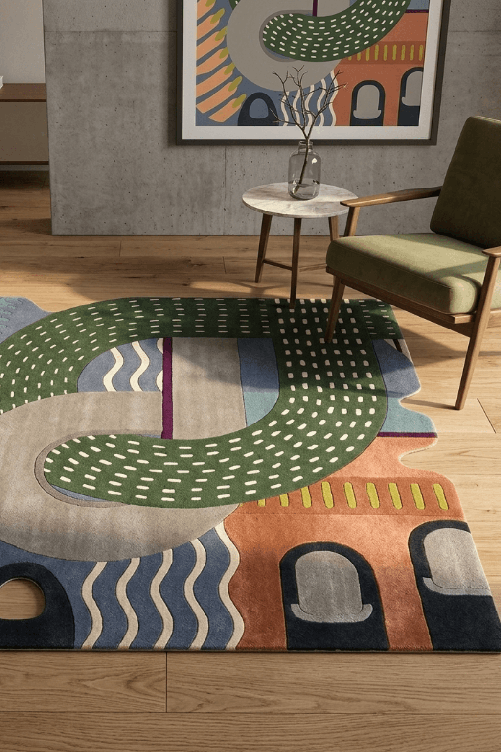 Chroma-Flow irregular area rug showcased in a modern living room setting with a stylish chair and decor.