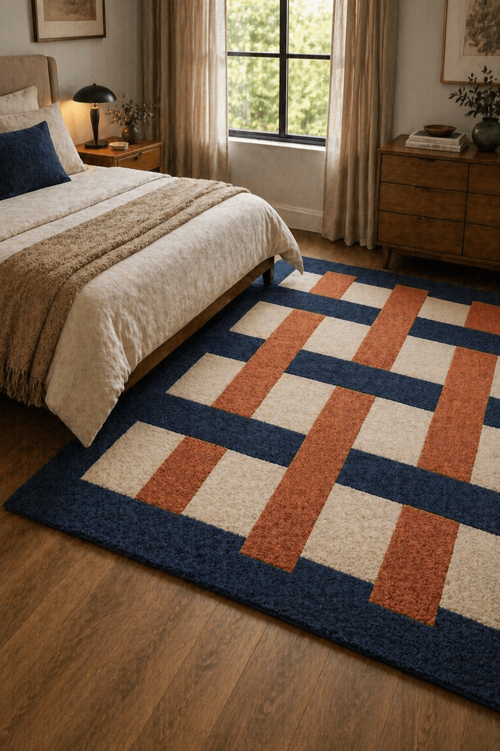 Ivory hand-tufted wool rug displayed in a cozy bedroom with a bed and wooden furniture.