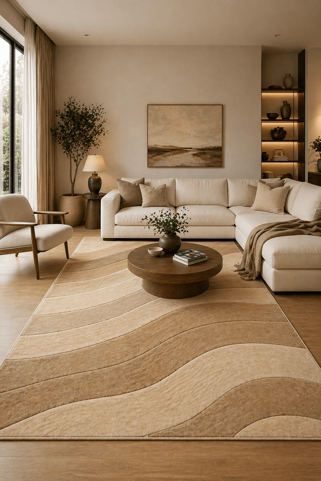 modern geometric rugs Dune Flow in a stylish living room, featuring soft beige waves and natural decor.