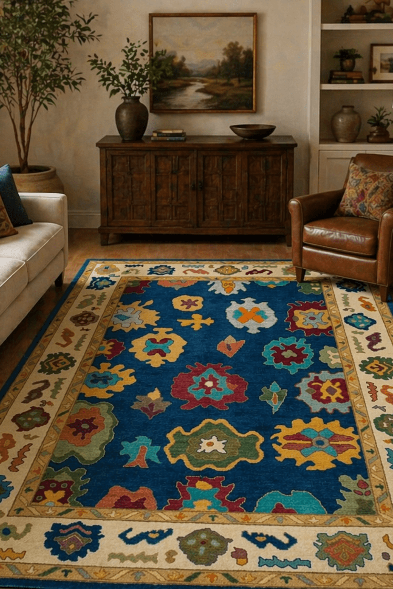 Heritage Bloom deep blue hand-knotted wool rug featuring vibrant artisan motifs in a cozy living room setting.