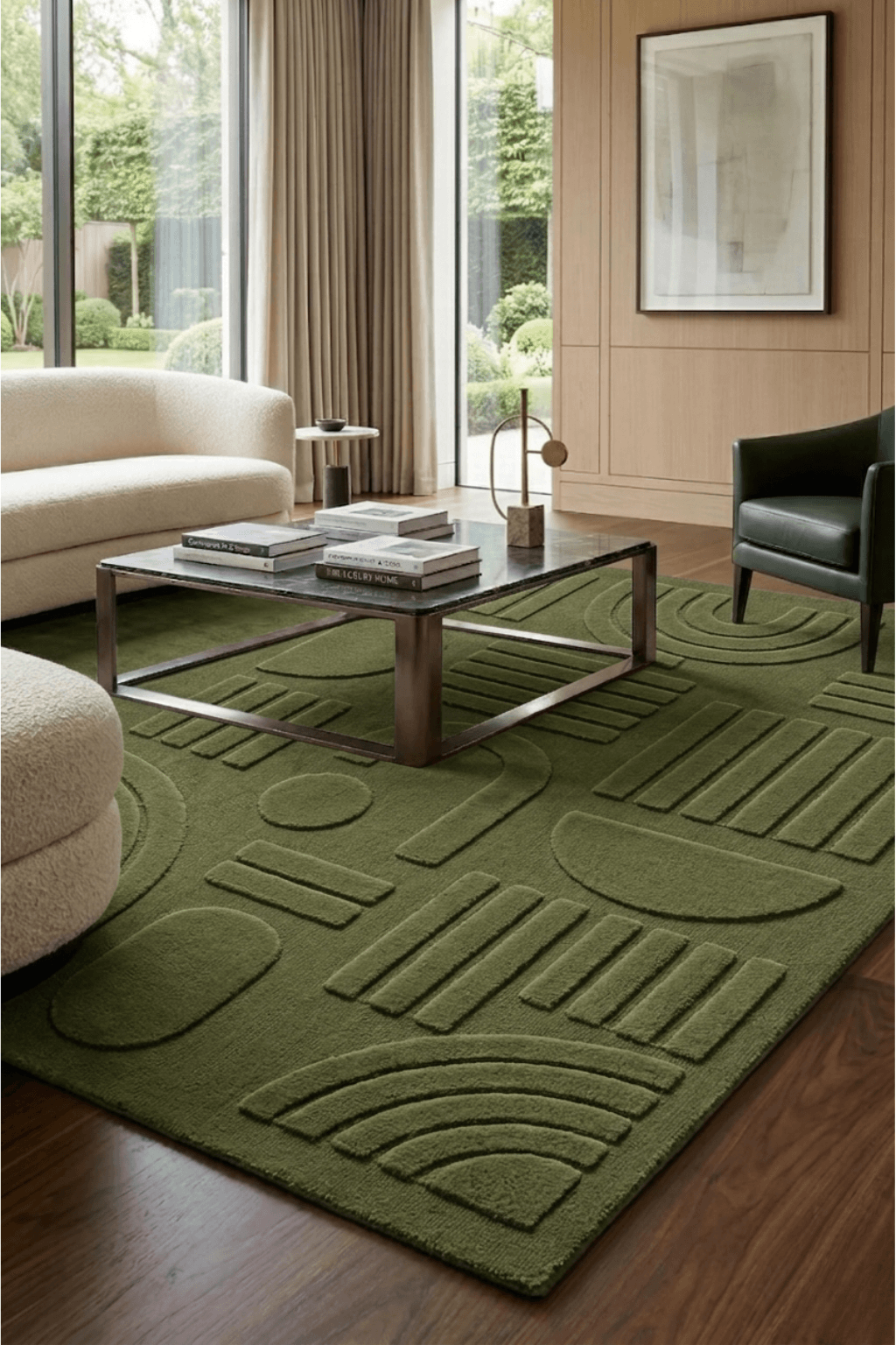 Moss geo-sculpt rug in a modern living space with a geometric design and earthy green tones.