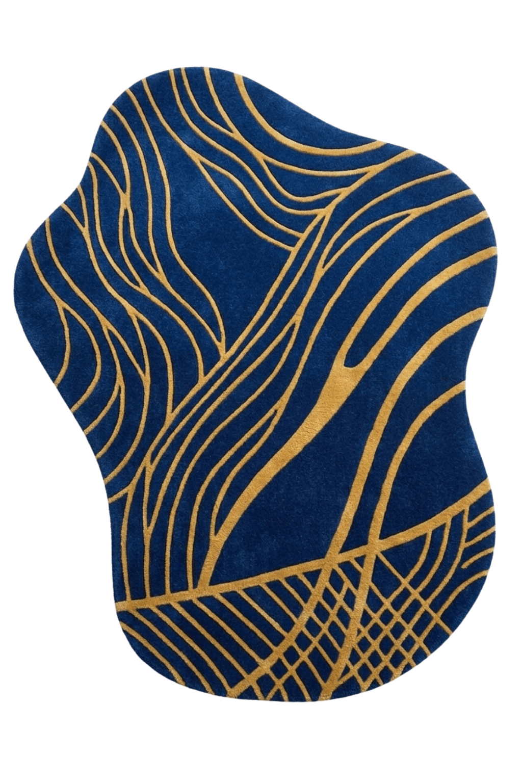 Azure & Gilded Wave Irregular Sculptural Rug featuring deep navy blue and fluid golden patterns, a perfect blend of art and luxury.