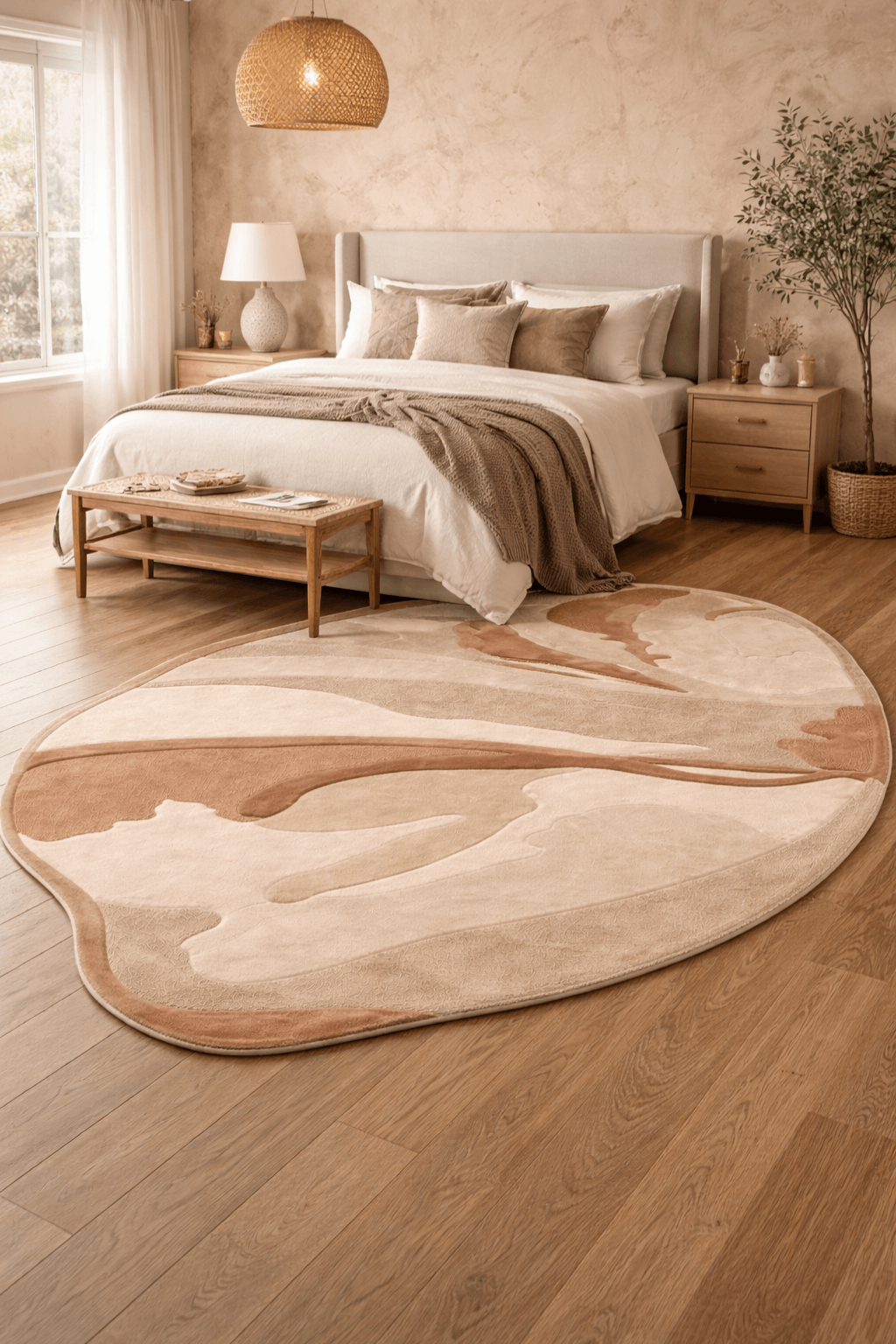 Desert abstract rug in a cozy bedroom, featuring soft sand and terracotta tones for an earthy aesthetic.