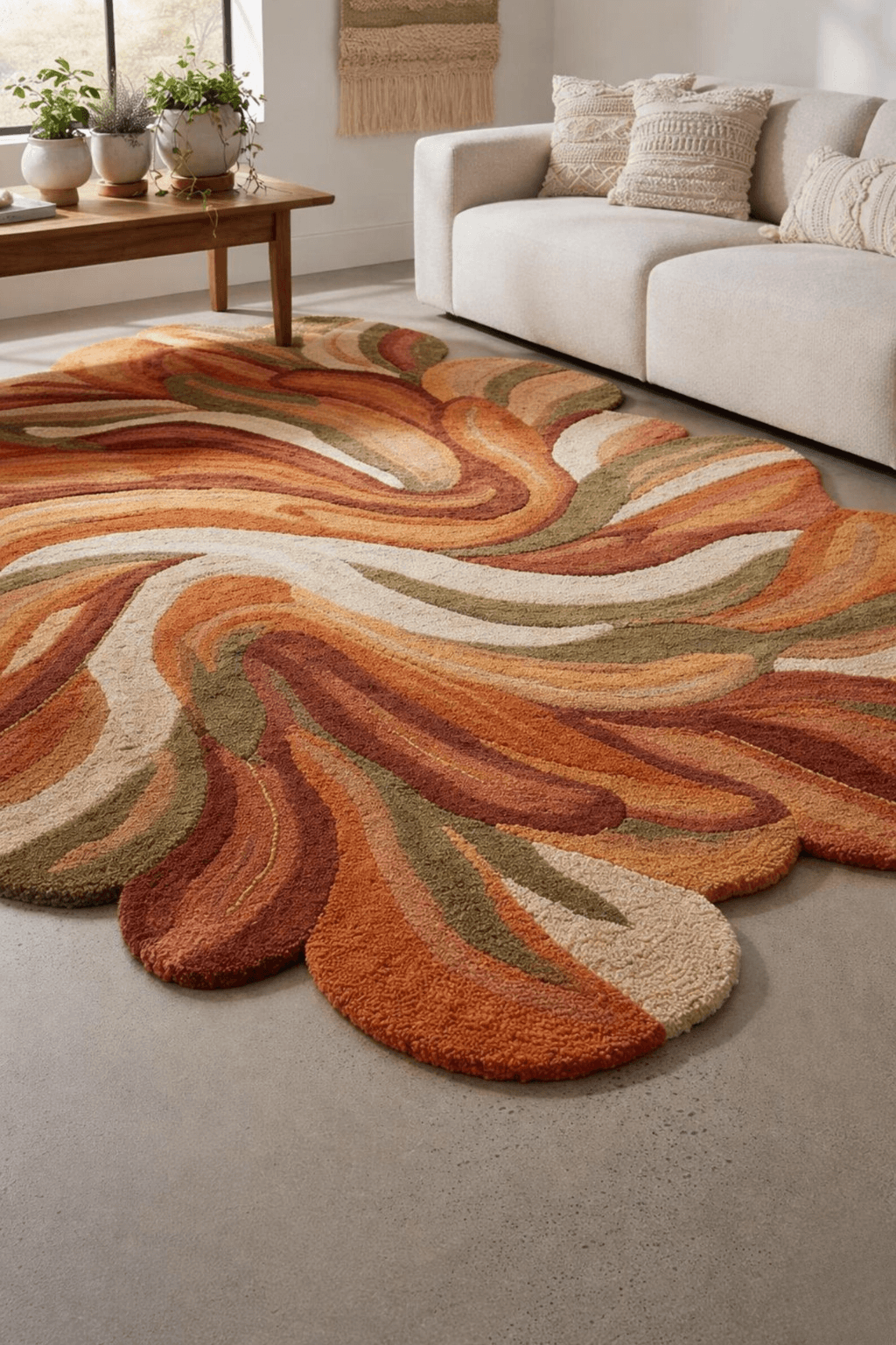 Autumn Flow Sculpted Rug featuring organic abstract wool rug with flowing patterns in warm colors.