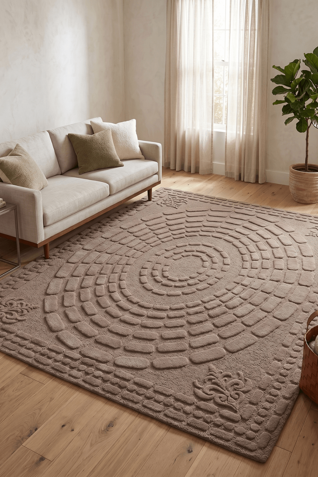 Sophisticated living room featuring The Concentric Earth Sculpted Rug with a high-low pile design in mocha-taupe tones.
