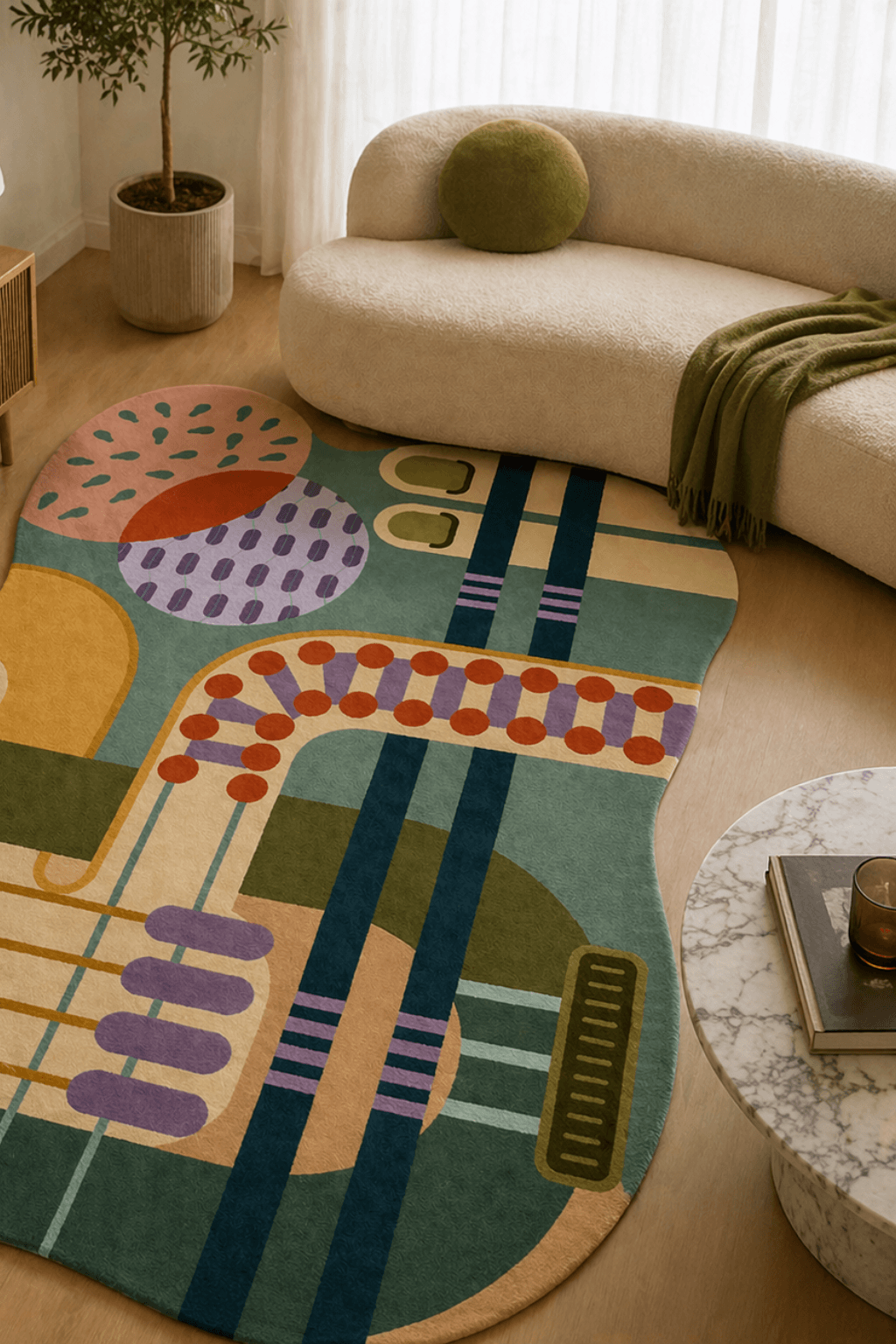 modern geo flow sculpted rug showcasing abstract geometric design in a stylish interior setting.