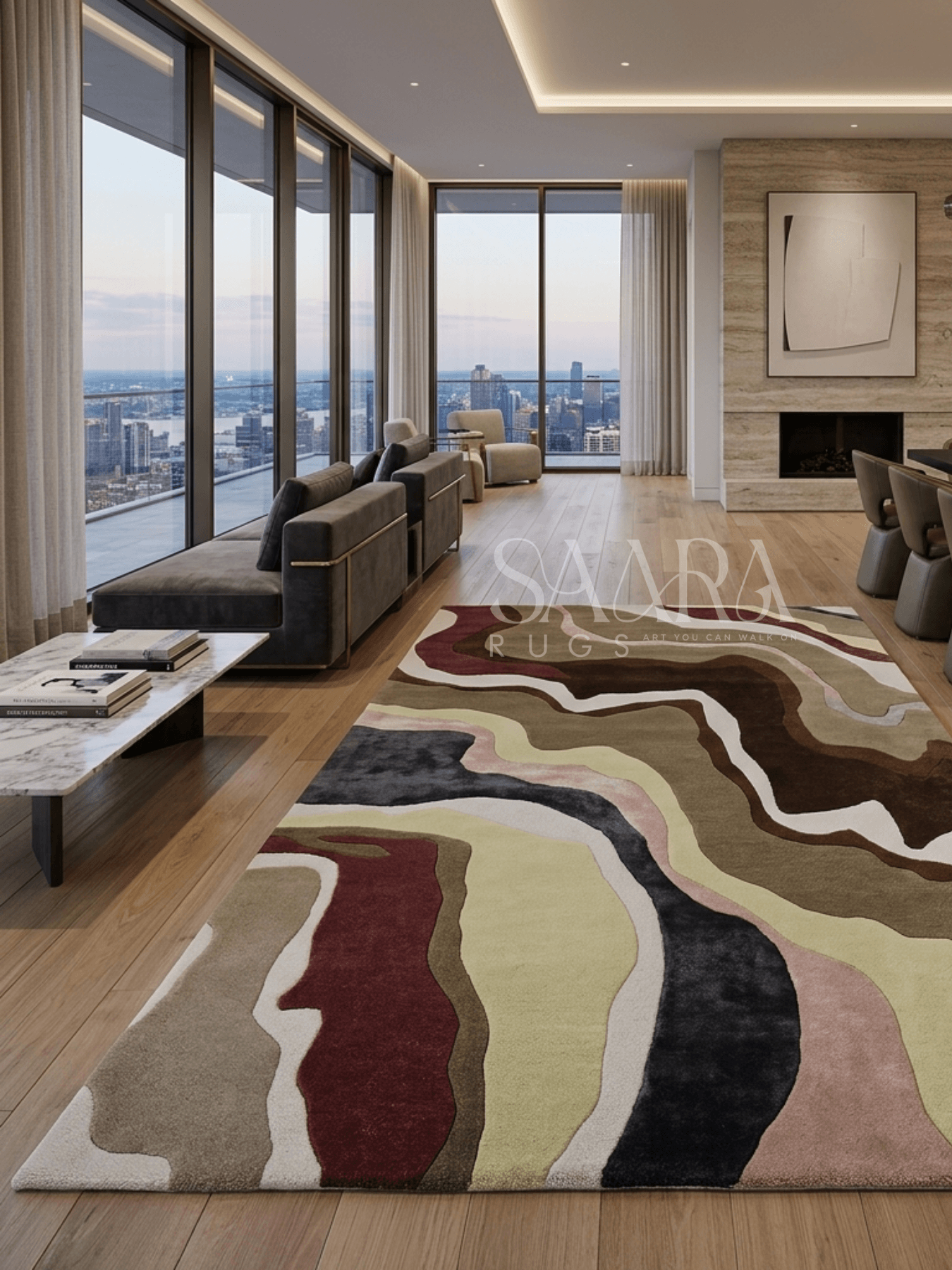 Abstract Earth Tone hand-tufted wool rug in a modern interior with earthy colors and flowing organic patterns.