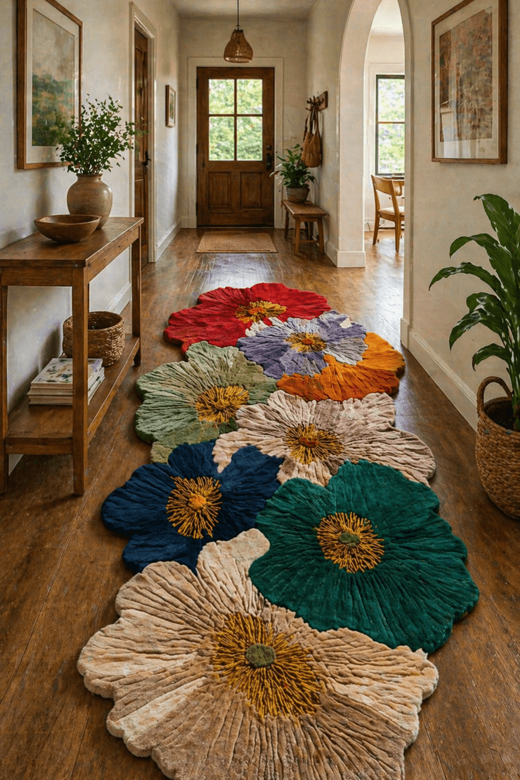 Sculpted floral rug featuring a vibrant display of oversized flowers in a stylish hallway setting.