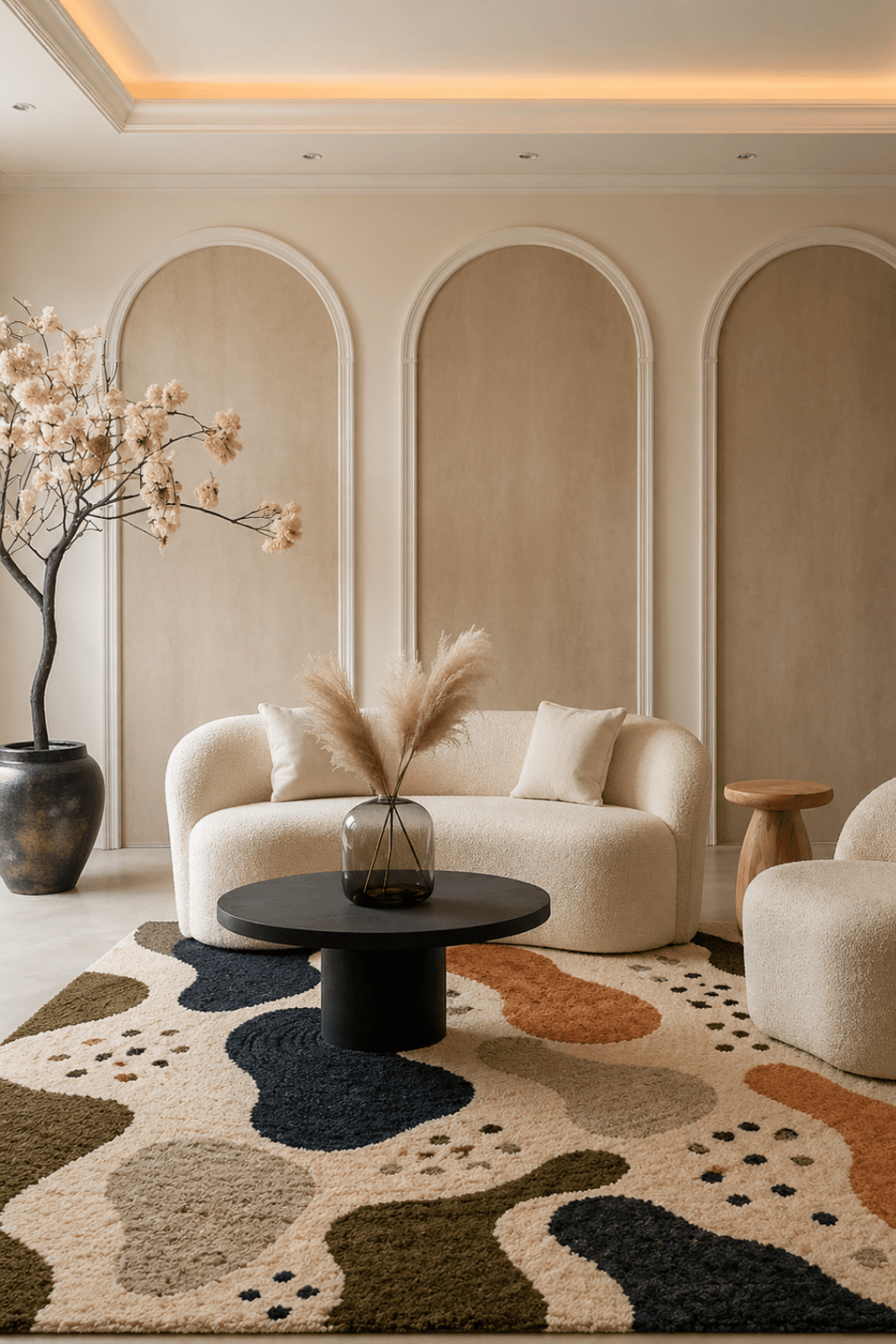 Organic pebble abstract rug displayed in a contemporary living room with modern furniture and decor.