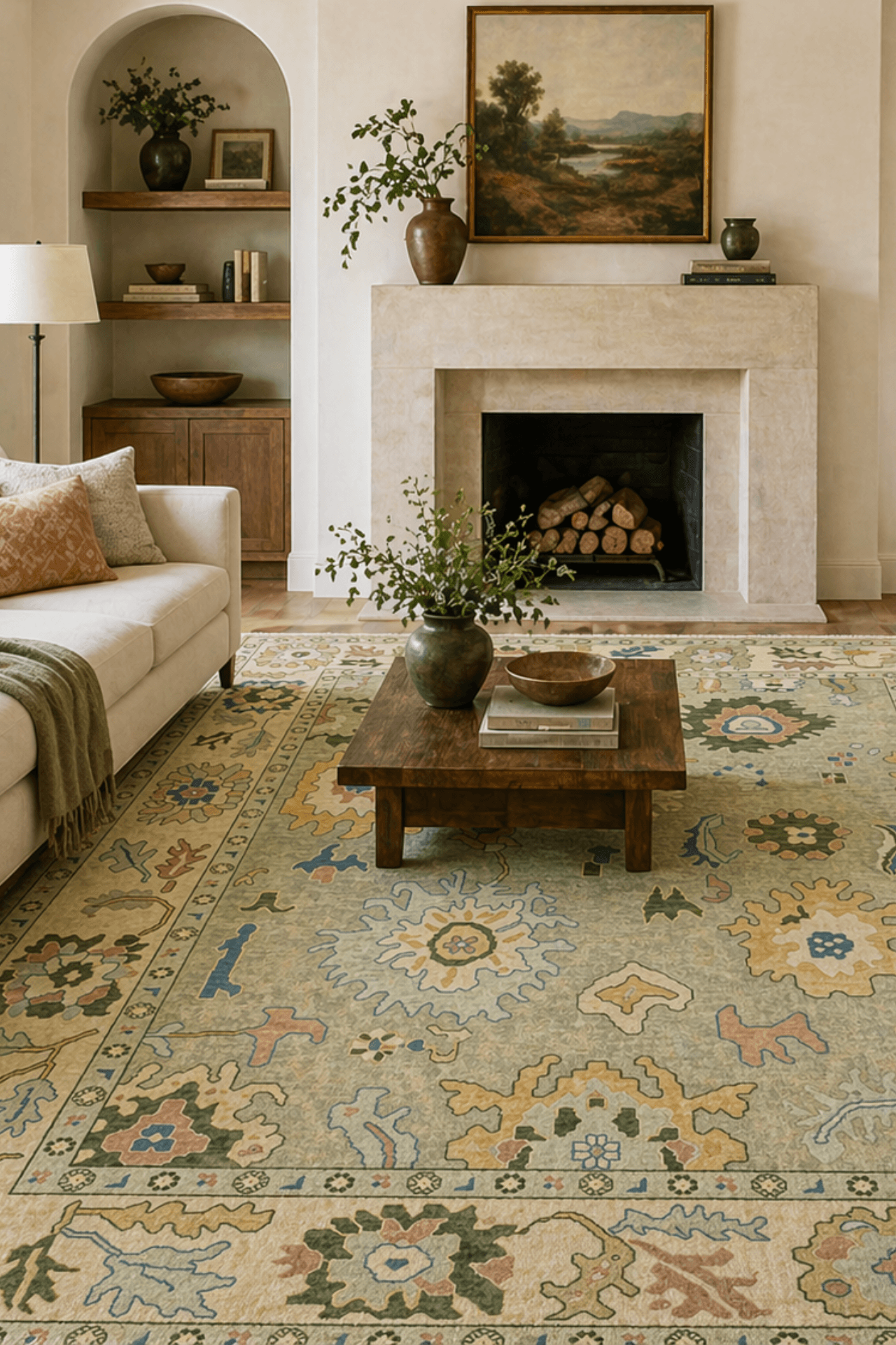 hand-knotted heritage meadow rug displayed in a cozy living room setting with a fireplace and wooden furniture.