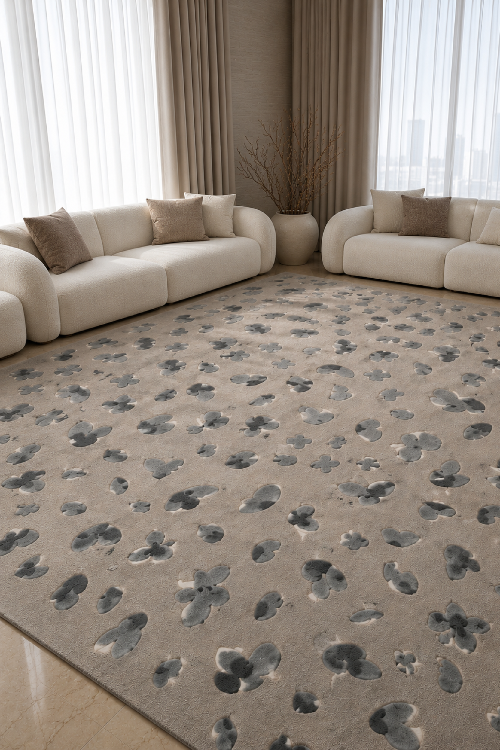 Hand-tufted floral rug with delicate butterfly silhouettes on a warm neutral base in a modern living room.