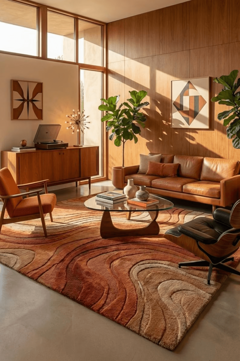 cozy living room featuring a botanical scallop rug with warm tones and modern furnishings