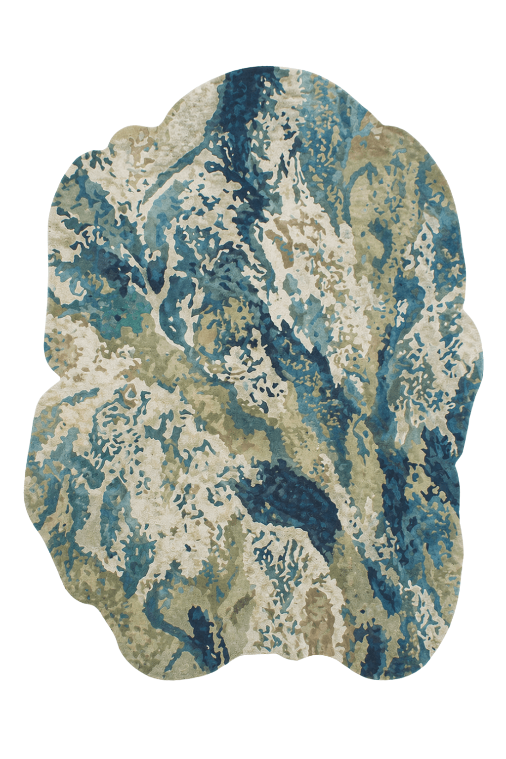 Ocean Terrain Sculpted Rug featuring intricate designs in deep teal, muted sage, and soft ivory tones.