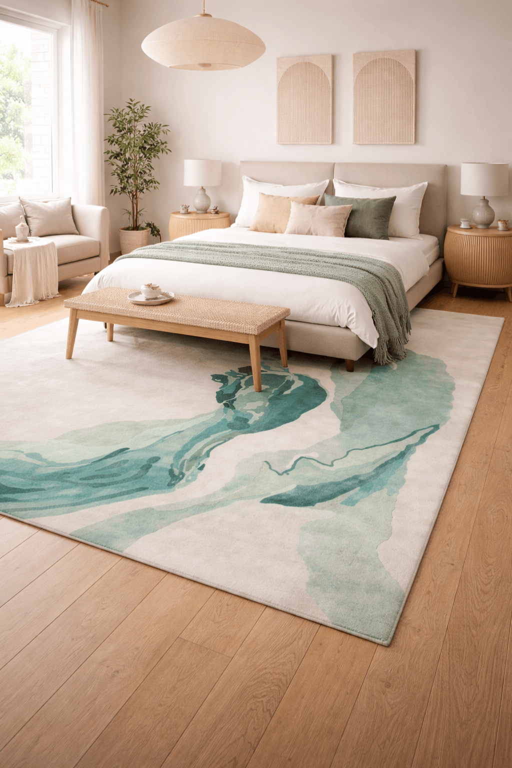 Seaform Whisper Rug in a modern bedroom, showcasing an abstract watercolor area rug design with soothing aqua and green hues.