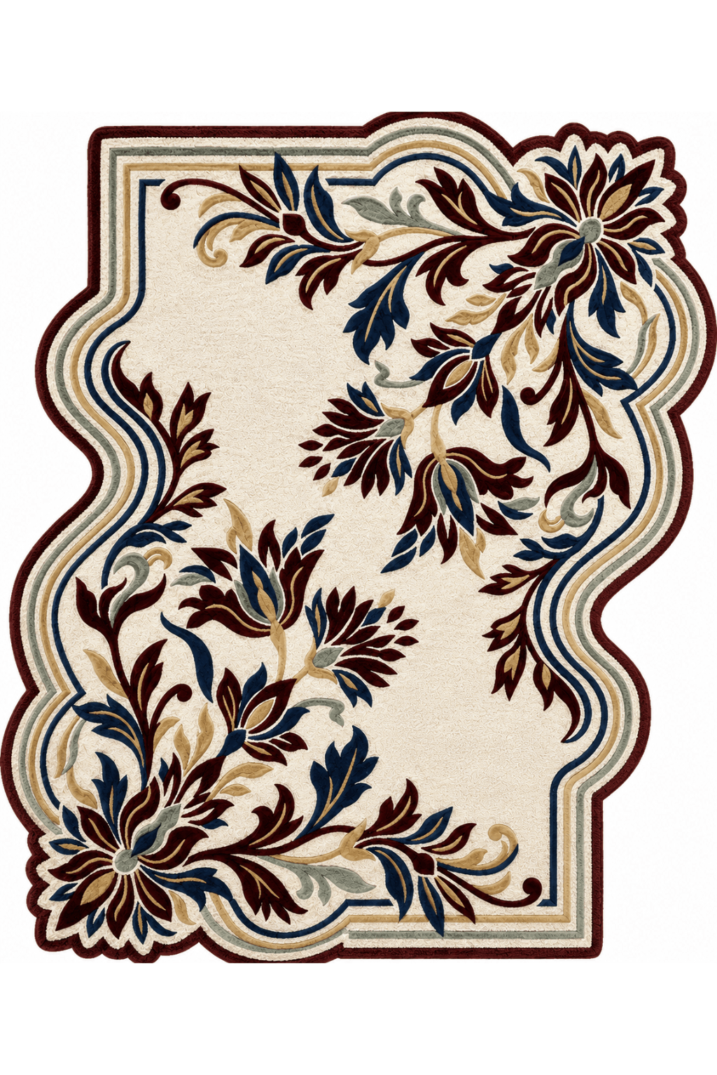 Luxurious floral area rug featuring a sculpted floral design in burgundy, navy, sage, and beige on an ivory ground.