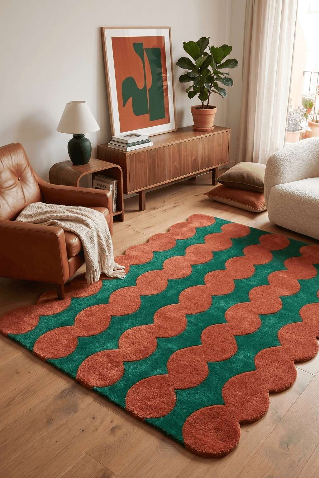 Stylish living room featuring the vibrant Aurora Wave tufted rug with orange and green undulating patterns.