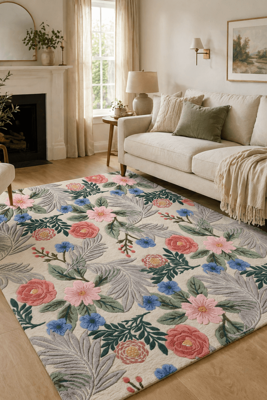 Blush meadow floral wool rug in a cozy living room with vibrant blooming flowers on an ivory base.
